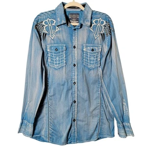 Roar Signature Edition Mens Y2K Aqua Embroidered Long Sleeve Button Up Shirt M - Picture 1 of 12