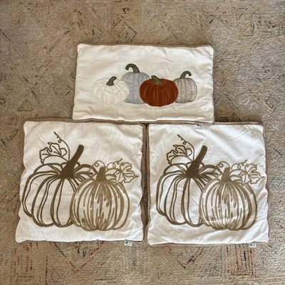 Set of 3 Brentwood Accent Linen Look Pumpkin Pillows w/ Jute Trim- 20x20 & 24x12 - Image 1 of 4
