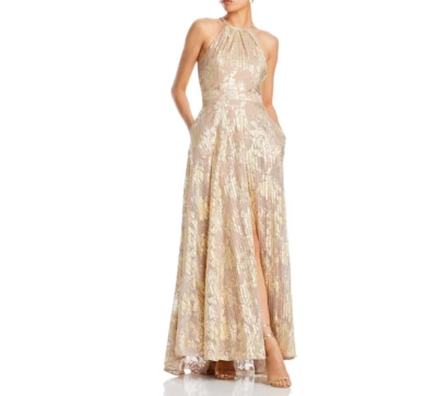 AQUA Foil Knit Metallic Halter Gown MSRP $288 Size 4 # 12B 2313 NEW - Image 1 of 4