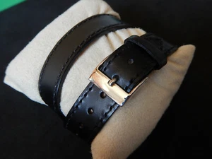 15 MM Armband Echtes Leder Schwarz Genäht Doppelt Umlauf, Passend Zur 14 Oder 16 - Picture 1 of 12