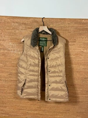 Eddie Bauer Goose Down Vest Jacket Women L Tan Faux Fur Collar Full Zip Quilted - Image 1 of 4