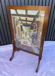 Vintage Wooden Fire Guard Screen Tapestry Glass Hallway Cottage Garden 28In t - Picture 1 of 24