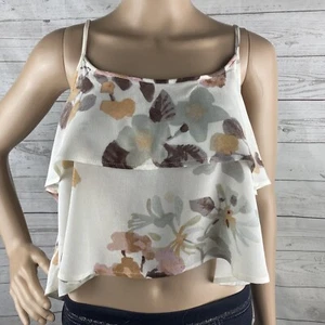 Lovestitch Ruffled Tank Top Medium White Gray Orange Brown Floral Cropped Casual - Picture 1 of 12