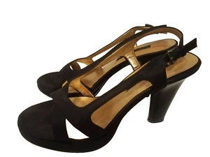 NINE WEST Vintage Y2K Black Slingback High Heels Size 7 Fabric Leather Strappy - Picture 1 of 11