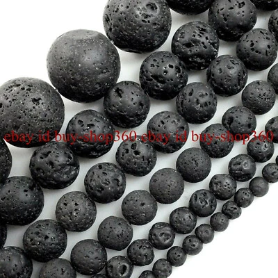 Cuenta redonda de roca de lava negra volcánica natural 15" hilo 6 mm 8 mm 10 mm Foto 1 de 4