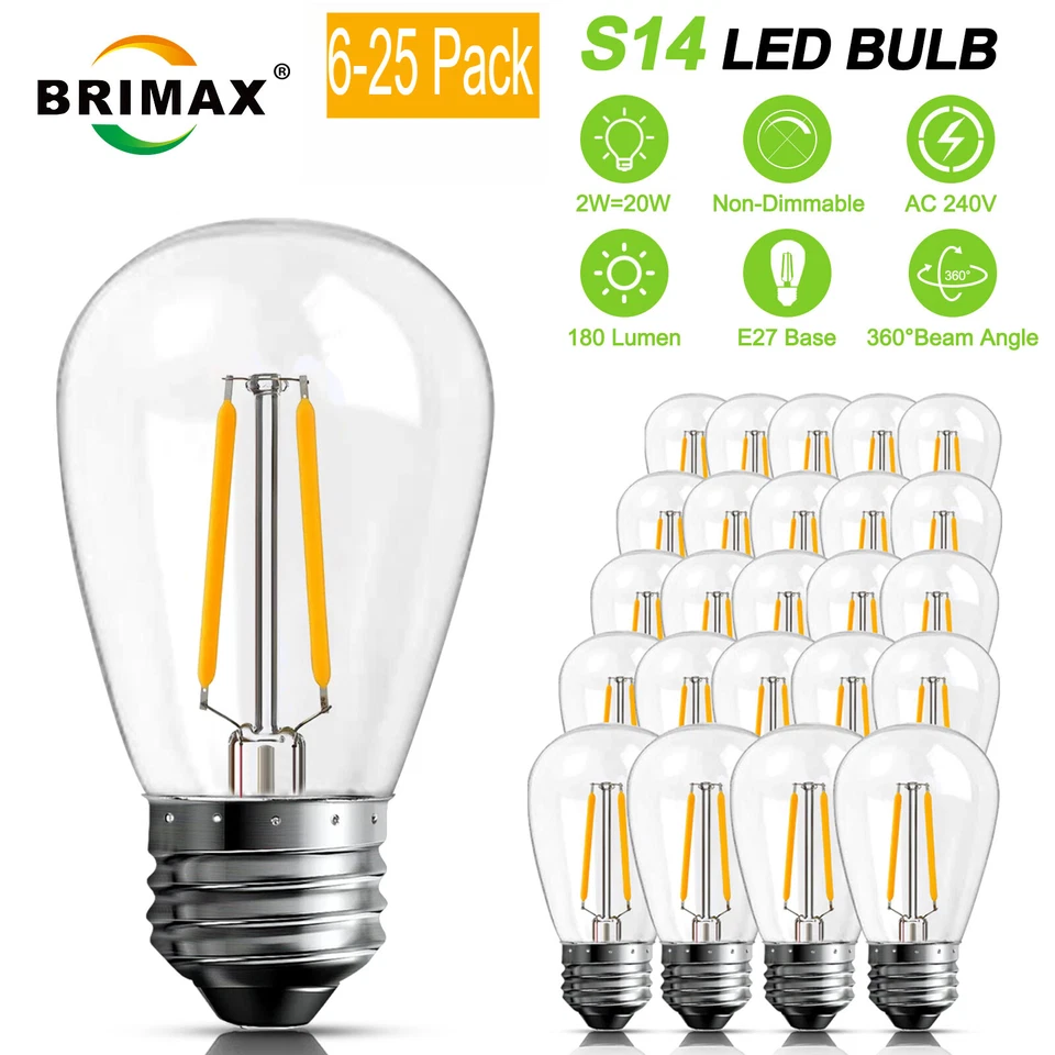 BRIMAX LED E27 Edison Screw Bulb 2W 2200K Shatterproof Outdoor Light Bulbs Replacement