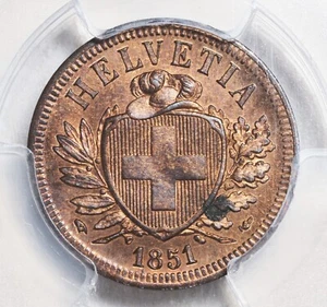 1851-A, Switzerland (Confederation). Bronze 2 Rappen Coin. Pop 2/3! NGC MS-64! - Picture 1 of 3