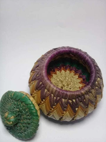 Handmade Woven Basket Ethnic Tribal Vintage Folk Art with Lid Small Cover
