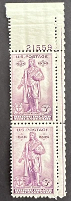 US 1936 Scott # 777 Plate Block of 2  MNH OG Rhode Island Settlement - Image 1 of 2