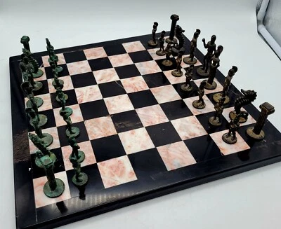 Brass and Marble Brutalist Chess Set Greco Roman Design 14" Complete - Image 1 of 4