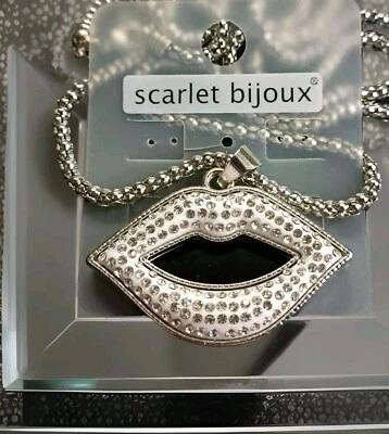 KETTE Pulli Kette lang Modekette Kussmund Strass Weiß/Schwarz Modeschmuck  - Bild 1 von 4