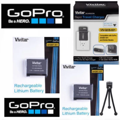 2X Battery for GoPro HERO7 BLACK AABAT-001 + CHARGER 110-220V + CAR PLUG+TRIPOD - Image 1 of 4