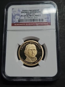 2007-S THOMAS JEFFERSON DOLLAR NGC PF 69 ULTRA CAMEO PRESIDENTIAL PROOF - Picture 1 of 2