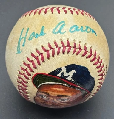 Hank Aaron (Vintage Hand Painted) Rawlings AL Signed Baseball BB Autographed PSA - Image 1 of 4