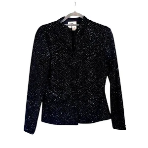 Vintage J.B.S. Ltd. Petite Velvet Black Gold Sparkle Holiday Cardigan, PM Medium - Picture 1 of 11