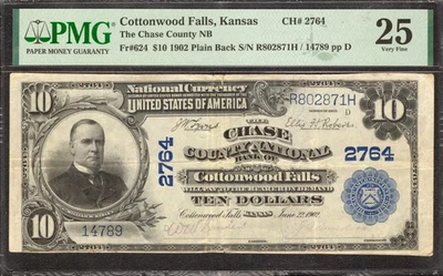 1902 $10 CHASE COUNTY BANKNOTE CURRENCY COTTONWOOD FALLS KS PMG 25 VF (871H) - Image 1 of 2