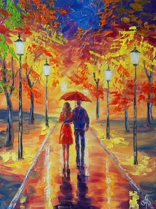 Original Oil Painting Canvas Autumn Park Couple Under Red Umbrella Street Art - Picture 1 of 24