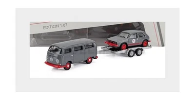 SCHUCO 87U00067 VOLKSWAGEN - T2 MINIBUS 1962 WITH TRAILER + GOLF GTi MKI N 1 RAC - Immagine 1 di 2