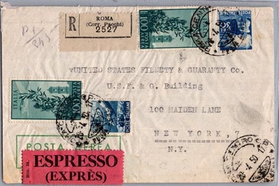 ITALY 1950 POSTAL REG EXPRESS AIRMAIL COVER MULT FRANKING ADDR & POSTMARK ROMA - Image 1 of 2