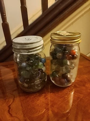 2 Glass Jars Full Of Vintage Marbles Zinc Ball Lid Mason Modern Tin W Shooters  - Image 1 of 4