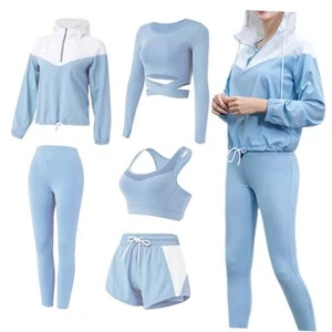Workout Sets for Women, 5 PCS Gym Athletic Sets Yoga Running Outfits Tracksuit  - Picture 1 of 7