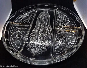 Sectional Crudité Serving Plate Clear Glass Emboss Lobster Cucumber Olives Fish - Picture 1 of 9