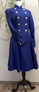 NWT Evan Picone Blue 100% Worsted Wool Double Breasted Military Dress Fit&Flare - Picture 1 of 15