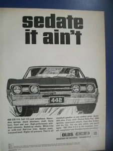 1967 Olds 4-4-2 442 Mid-Size Mag Car Ad - "Sedate it ain't" - Bild 1 von 1