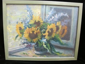 SUNFLOWERS in Vase REFECTION Still Life Framed Signed Unknown Oil Painting - Picture 1 of 6