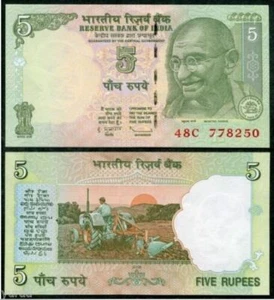 India 5 Rupees 2010 (PERFECT UNC) Gandhi, Tractor - Picture 1 of 3
