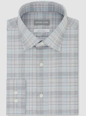 $85 Camisa de Vestir Michael Kors Hombres Ajuste Regular Elastizada Gris Azul Cuadros 15.5 32/33 Foto 1 de 3