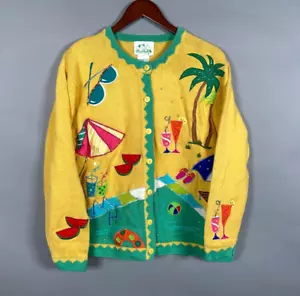 Quacker Factory Beach Motif Cardigan Women's Large Yellow Chunky Knit Tropical - Picture 1 of 14