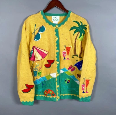 Quacker Factory Beach Motif Cardigan Women's Large Yellow Chunky Knit Tropical - Image 1 of 4