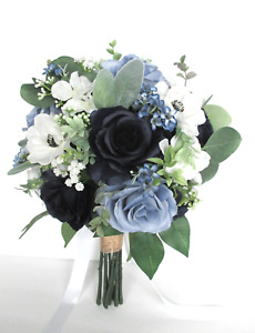 Wedding Bouquet,17 piece set Bridal bouquet, DUSTY Blue Dark NAVY White Flowers