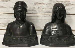 Antique Original POMPEIAN BRONZE - Dante & Beatrice Bronze Bookends #138 NY - Picture 1 of 8