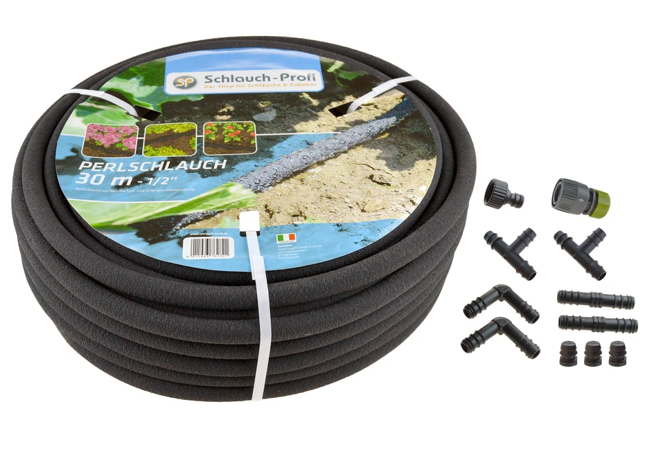 Perlschlauch Tropfschlauch 1/2" 30m Verbinderset Bewässerungsschlauch Soaker - Bild 1 von 1