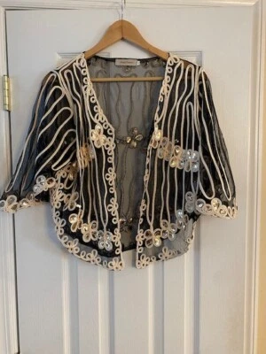 Chaqueta Top Cintas Decorativas Lentejuelas Doradas Transparentes Negra Para Mujer Simple Couture L Foto 1 de 4