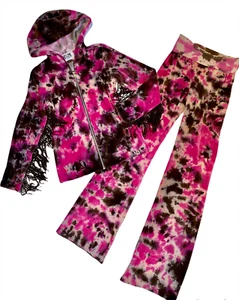 Hope Jeans girls 2pc tie dye fringe velour zip hoodie and lounge pants set 10 - Picture 1 of 4
