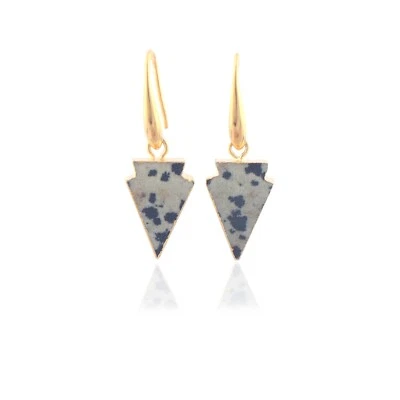 Natural Dalmatian Jasper Yellow Gold Plated Arrowhead Shape Drop Dangle Earrings - Image 1 of 3