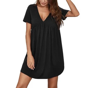 Mujeres Camisón Manga Corta Cuello en V Profundo Cintura Ajustada Verano Suave Vestido de Salón - Imagen 1 de 10