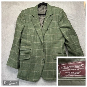 Holland Sherry Savile Row London Bespoke Wool Sport Coat Green Plaid Tweed 42R - Picture 1 of 15