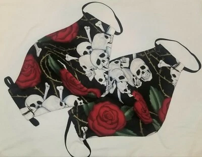 2 Pack Red Roses and Skull Handmade Face Masks - Image 1 of 3