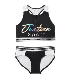 Justice Girls Sport XS 5-6 Zip Bikini with Logo Accents Swimsuit BLACK SET 2 PCS - Picture 1 of 7