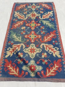 Lana orientale blu invecchiata fine vintage tradizionale fatta a mano kilim 106x63 cm - Foto 1 di 12