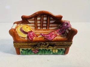 Limoges France Hand Painted Hinged Trinket Box Garden Bench Seat Flowers Hat - Picture 1 of 7