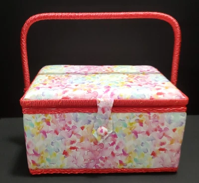 Cesta grande para coser y guardar Singer 13" diseño de tela acuarela ráfaga pastel Foto 1 de 4