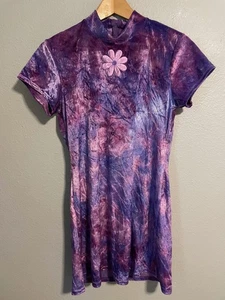 Vintage Aqua Blues Dress Kids 16 Velvet Floral Mock Neck Made in USA Y2K 00s - Picture 1 of 7