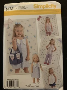 SIMPLICITY 1475 GIRLS SIZE 3 - 8 TOP PANTS SHORTS PURSE & 18" DOLL DRESS PATTERN - Picture 1 of 2