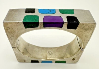 Vintage Taxco Mexico Sterling Silver Modernist Square Multi Stone Bracelet 95 Gs - Image 1 of 4