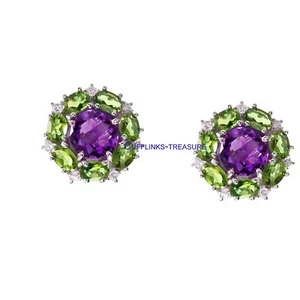 Natural Amethyst & Peridot Gemstones 925 Sterling Silver Cufflinks For Men's #40 - Picture 1 of 3